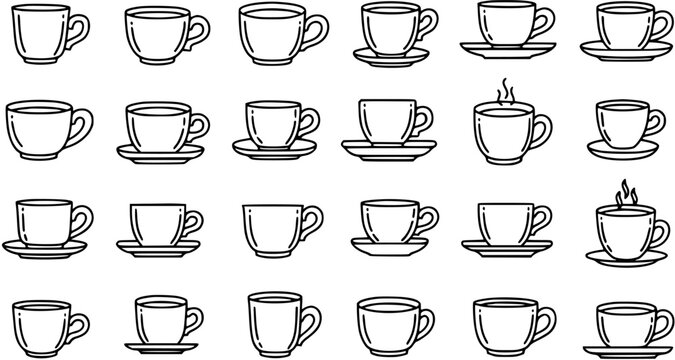 Coffee and Tea Cups Vector Line Art Icons Set. Black and White Minimalist Illustrations for Beverage, Food  Drink Industry, Cafe, and Restaurant Menus.