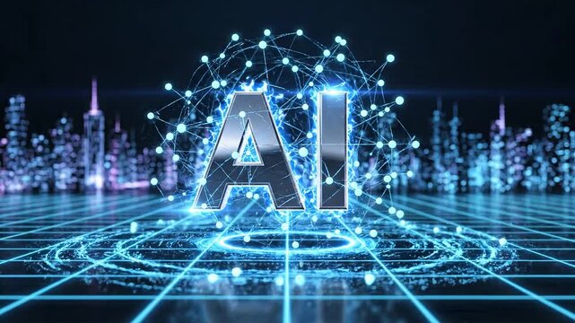 Futuristic ai text logo animation with teal and blue gradients on digital grid background 4k video