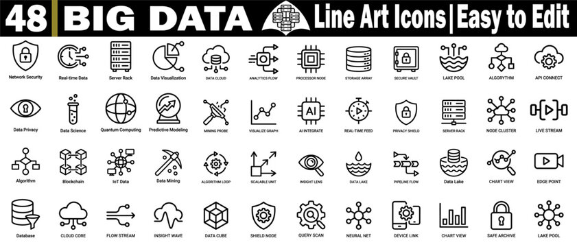 Large collection of big data line icons. Featuring database administration and cloud computing, including a storage array, a processor node, and a predictive modeling set vector illustration.