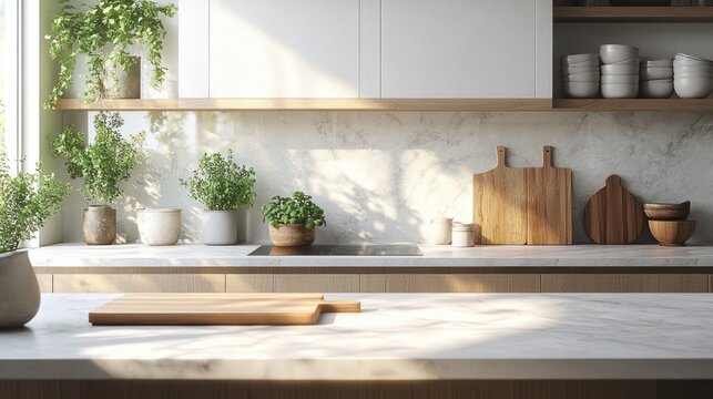 sunlit minimalist kitchen countertop with marble surface, wooden cutting boards, ceramic bowls, potted herbs on open shelves and a calm inviting atmosphere