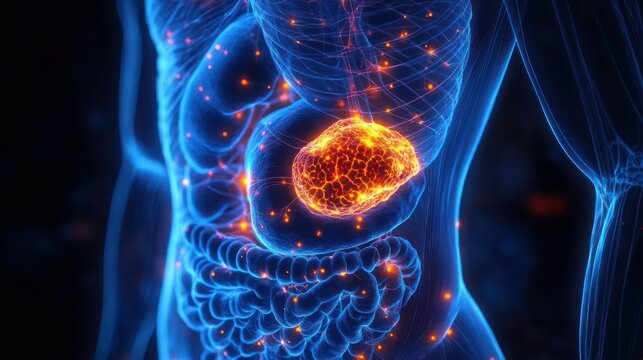 translucent human torso revealing coiled intestines and a glowing inflamed upper abdominal organ with illuminated neural pathways, conveying clinical intensity and visceral pain
