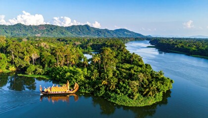 Fototapeta premium Scenic aerial view of a river landscape with a boat passing through lush greenery