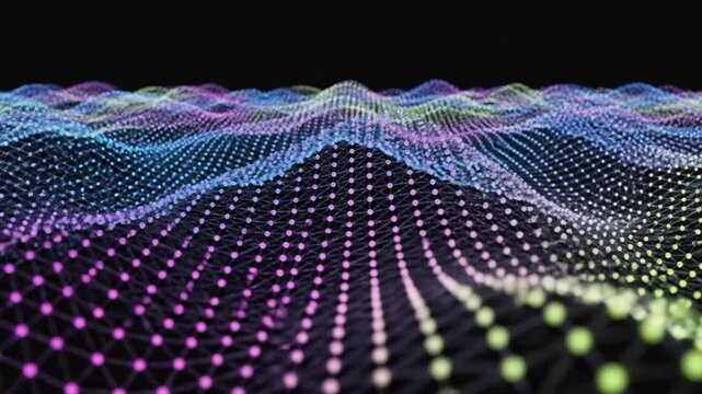 Abstract digital network landscape with connected dots forming flowing waves and vibrant colors against a dark backdrop