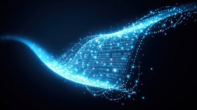 Bright blue digital wave composed from binary code. Futuristic, dynamic energy flow, dark background creates contrast.