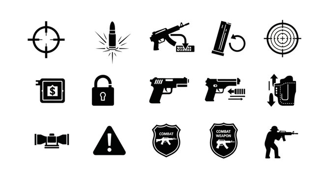 Collection of Black Gun Icons and Symbols.