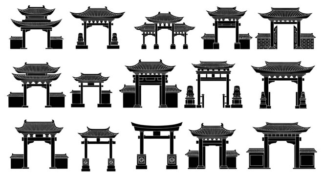 Collection of Traditional Chinese Archways and Gates Silhouettes