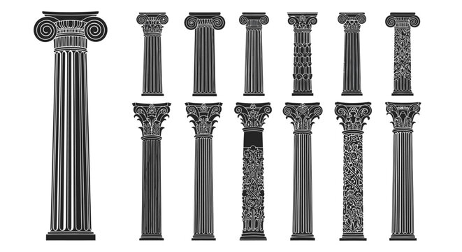 Collection of Ancient Greek and Roman Columns, Architectural Elements, Vector Illustration