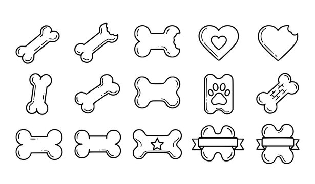 A set of black line art dog bone icons and pet related symbols on a white background including hearts and a paw print in a flat minimalist design style