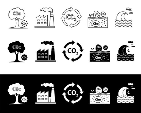 A set of vector icons illustrating carbon capture and utilization concepts in a minimalist flat design style with various black and white graphics
