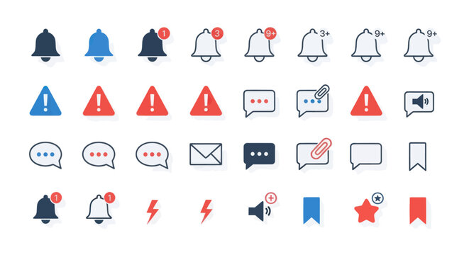 Collection of modern notification icons: bells, alerts, messages, email, bookmark, star, volume