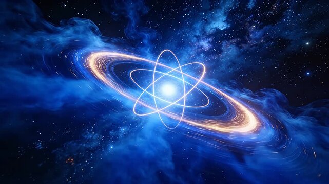 Cosmic atom structure with bright core and blue orbiting rings