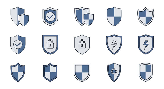 Security Icons: Shields, Padlock, Checkmark, Lightning Bolt for Protection and Safety