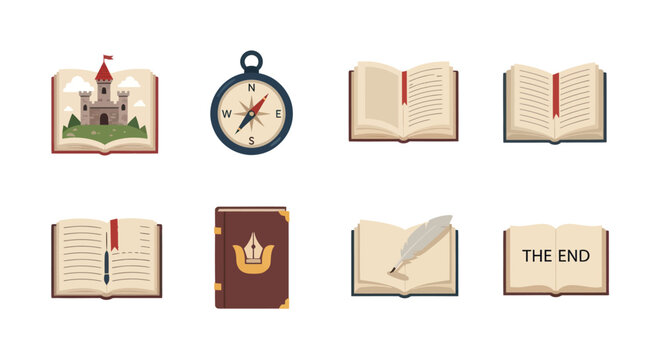 Collection of Books and Navigation Icons: Fantasy, Writing, Storytelling, Adventure