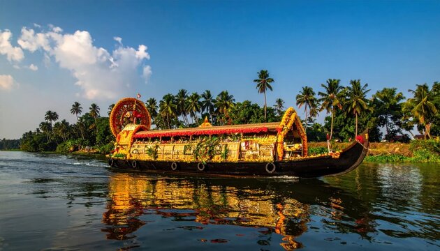 Traditional houseboat floats on calm water with tropical landscape under blue sky