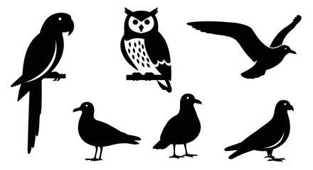 Fototapeta premium Diverse Bird Silhouettes Collection: Parrot, Owl, Seagull, Pigeon Vector Icons Set