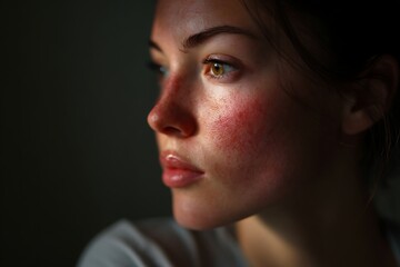 Obraz premium person with facial redness rash, sensitive skin condition, minimal lighting, healthcare concept