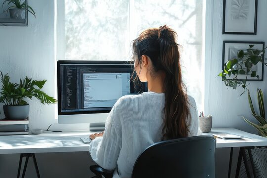 young woman working at desktop computer writing code in a sunlit home office with plants and framed art, focused and calm