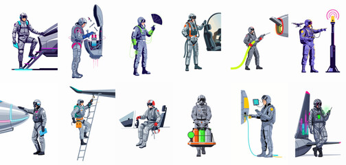 Fototapeta premium Collection of futuristic aviation and aerospace personnel illustrations featuring pilots, technicians, and ground crew in various maintenance and operational roles.