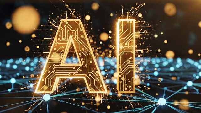 Animated ai text logo in glowing orange with tech energy and sparkling particles 4k video