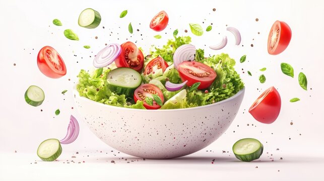 Appetizing Salad bowl and salad elements collection,healthy fresh vegetables,Healthy nutrition, menu or poster,banner for cafe or restaurant concept.