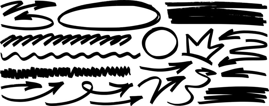 Minimal drawn sketch, highlight and marker guide attention, arrow follows the line and underline shapes the form with pen strokes.