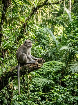 A long-tailed macaque monkey calmly observes its vibrant, lush jungle habitat from a sturdy tree branch, showcasing the natural beauty and wild animal behavior within a tropical rainforest environment