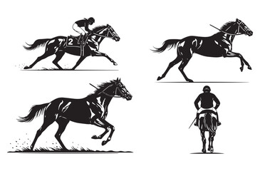 Fototapeta premium Set of horse racing silhouettes jockey riding thoroughbred horse galloping racehorse icons on transparent background equestrian sports competition symbols motion design vector art