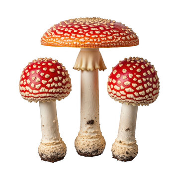Three amanita muscaria mushrooms featuring vibrant red caps with characteristic white wart spots