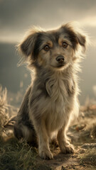 Naklejka premium Soft light dog portrait sitting outdoor warm tone pet photography