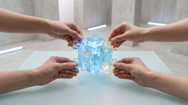 Four hands around a glowing blue puzzle on a table