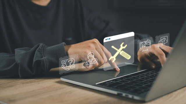 Customer support service concept with digital interface showing help desk tools, technical assistance, and online support system. Business communication, troubleshooting, client service management.