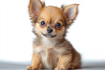 Obraz premium tiny tan long-haired puppy with large upright ears and pixelated face sitting on white background looking alert and curious
