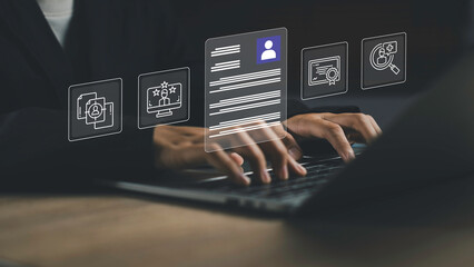 Naklejka premium HR management concept with digital employee profile interface on laptop, recruitment, talent management, and human resources analytics. Business workforce planning and hiring strategy.