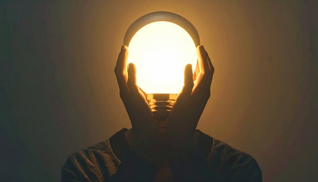 Person Holding a Bright Light Bulb Over Their Head Symbolizing Ideas.