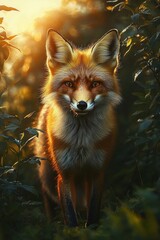 Fototapeta premium Red fox standing in leafy undergrowth bathed in warm golden light, calm and curious expression with a direct gaze