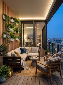 Cozy outdoor living space on a balcony at evening