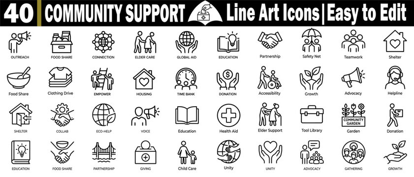 Community support line art icons. Including outreach food share, connection elder care, global aid education partnership, safety net teamwork shelter, and housing. vector illustration.