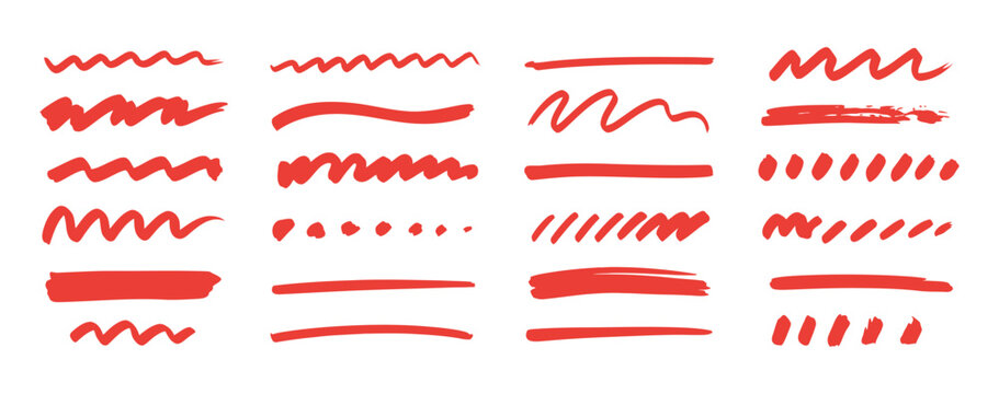 Red highlight vector brush strokes collection for marking text sections.