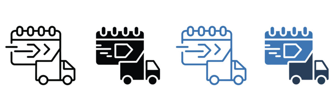 Delivery schedule icon set, line and flat vector style collection, modern logistics and shipment timing symbols, including calendar, clock, and parcel tracking icons for delivery planning