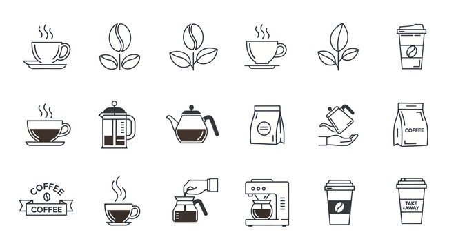 Coffee Icons Set: Cups, Beans, Maker, French Press, Teapot, Bags, Takeaway Cups
