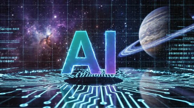 Futuristic ai text animation with green matrix style and cosmic background 4k video