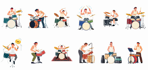 Fototapeta premium Collection of various male drummer illustrations playing different drum kits in energetic poses, perfect for music-related designs and creative projects.