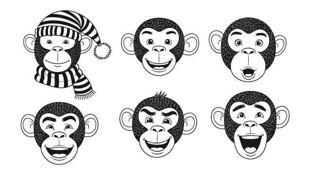 Collection of hand-drawn monkey face illustrations with various funny expressions and accessories like a winter hat.