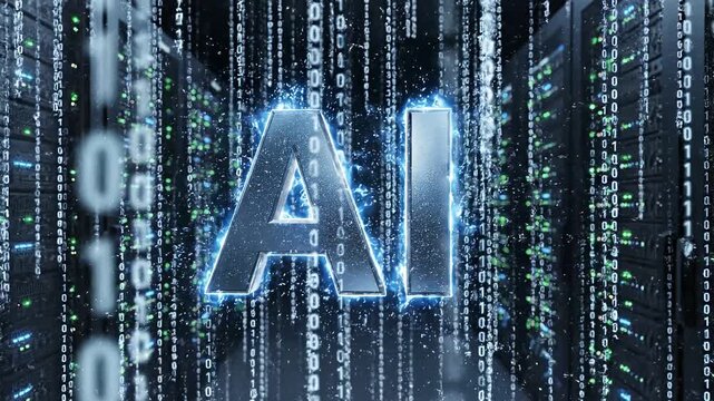 Futuristic ai text logo animation with neon blue wireframe in a digital cityscape 4k video