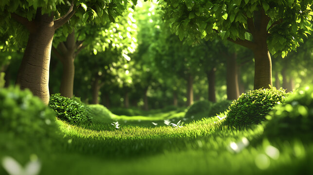 Sunlit jungle clearing with tall trees and deep green leaves, peaceful rainforest video with soft beams over grass ferns and quiet nature in 4k.