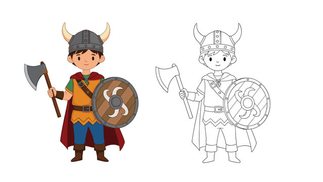 Brave little viking boy character holding a battle axe and wooden shield presented in both colored and line art outline versions for kids.