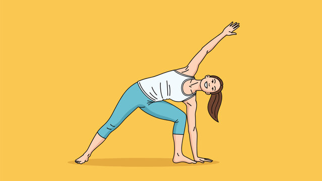 Happy young woman practicing triangle yoga pose for flexibility and body balance against a bright and solid yellow background illustration.