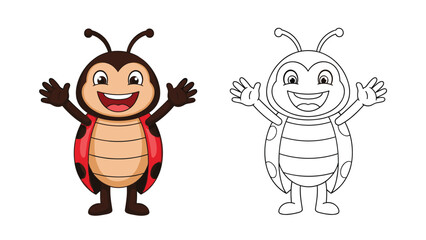 Fototapeta premium Cheerful cartoon ladybug character with open arms presented in both a colorful version and a black and white line art outline for coloring.