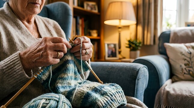 Elderly woman knitting in living room.