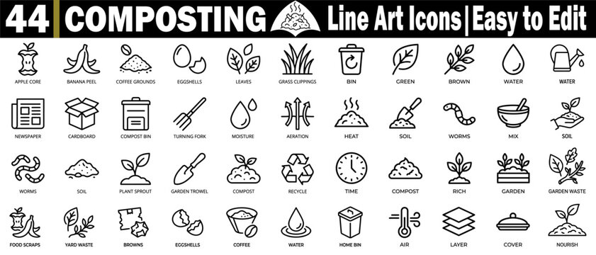 Composting line art icons set. Easy to edit, such as apple core, banana peel, coffee grounds, eggshells, leaves, grass clippings, bin green brown vector illustration.